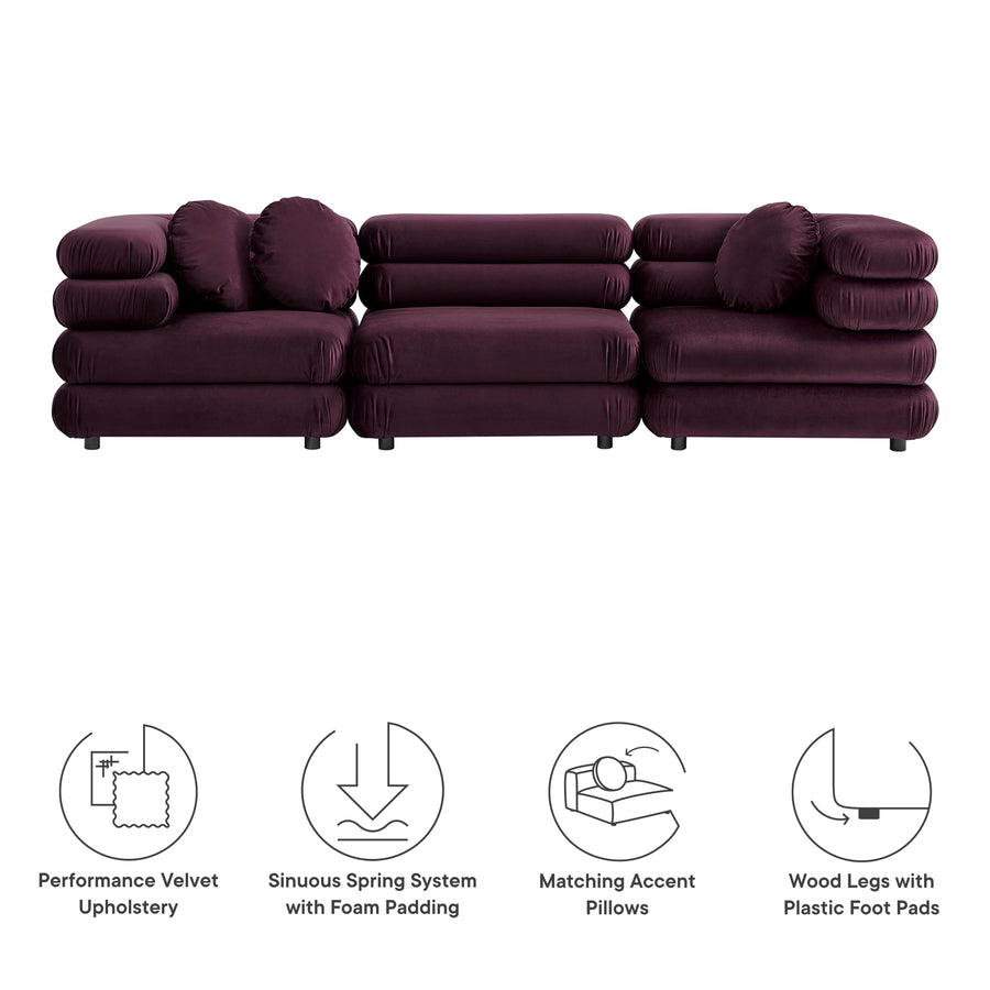 Beckett 3-Piece Modular Performance Velvet Sectional Sofa in Mulberry