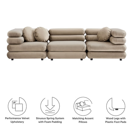 Jubilee 3-Piece Modular Performance Velvet Sectional Sofa in Taupe