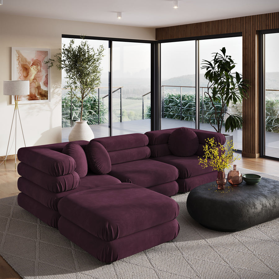 Beckett 4-Piece Modular Performance Velvet Sectional Sofa in Mulberry