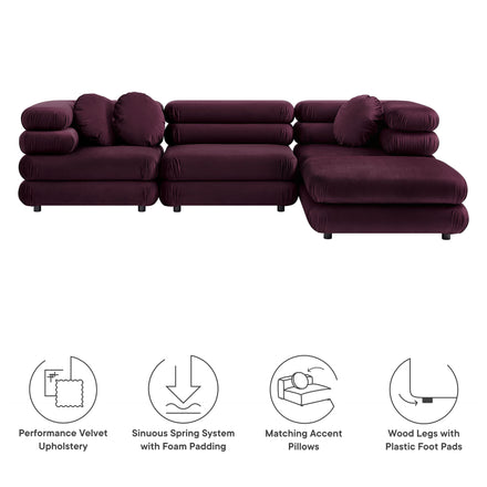 Jubilee 4-Piece Modular Performance Velvet Sectional Sofa in Mulberry