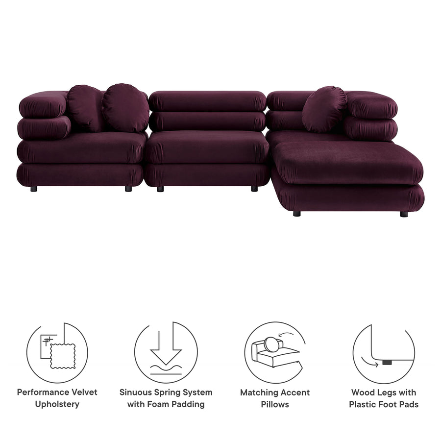 Beckett 4-Piece Modular Performance Velvet Sectional Sofa in Mulberry