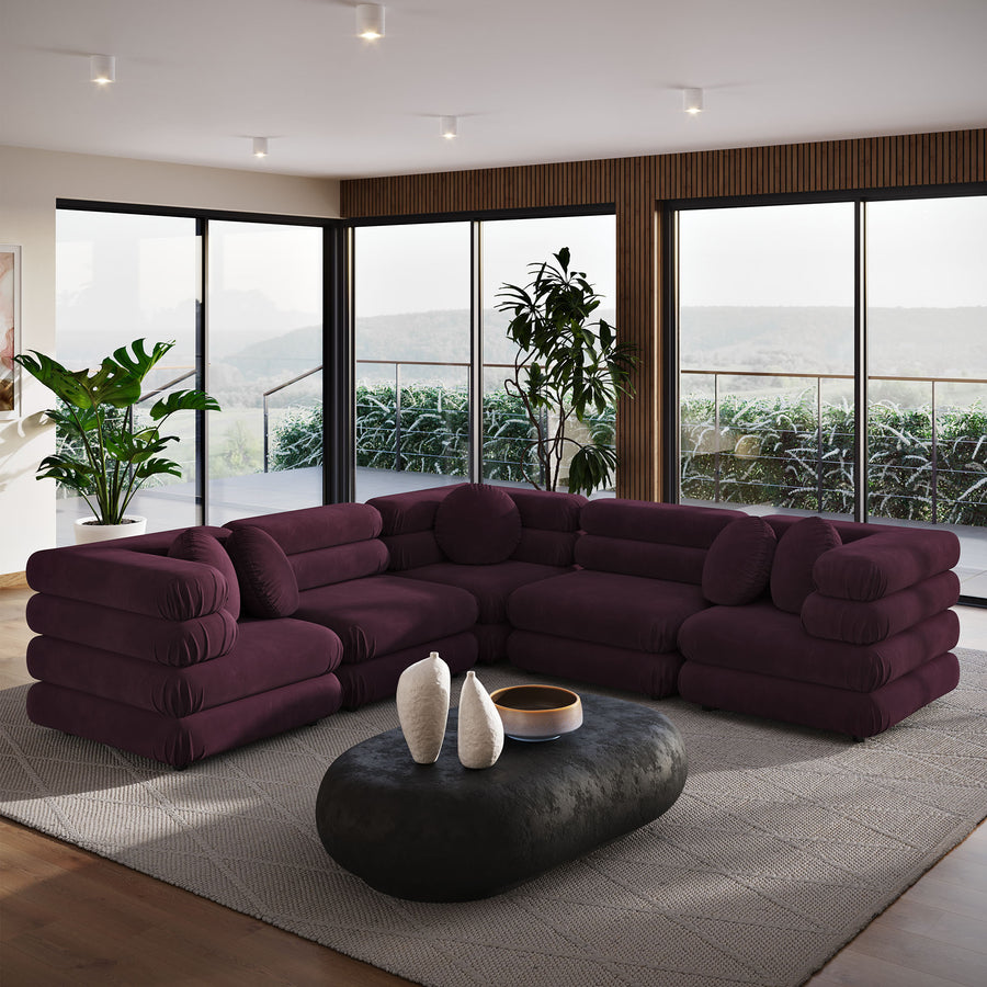 Beckett 5-Piece Modular Performance Velvet Sectional Sofa in Mulberry