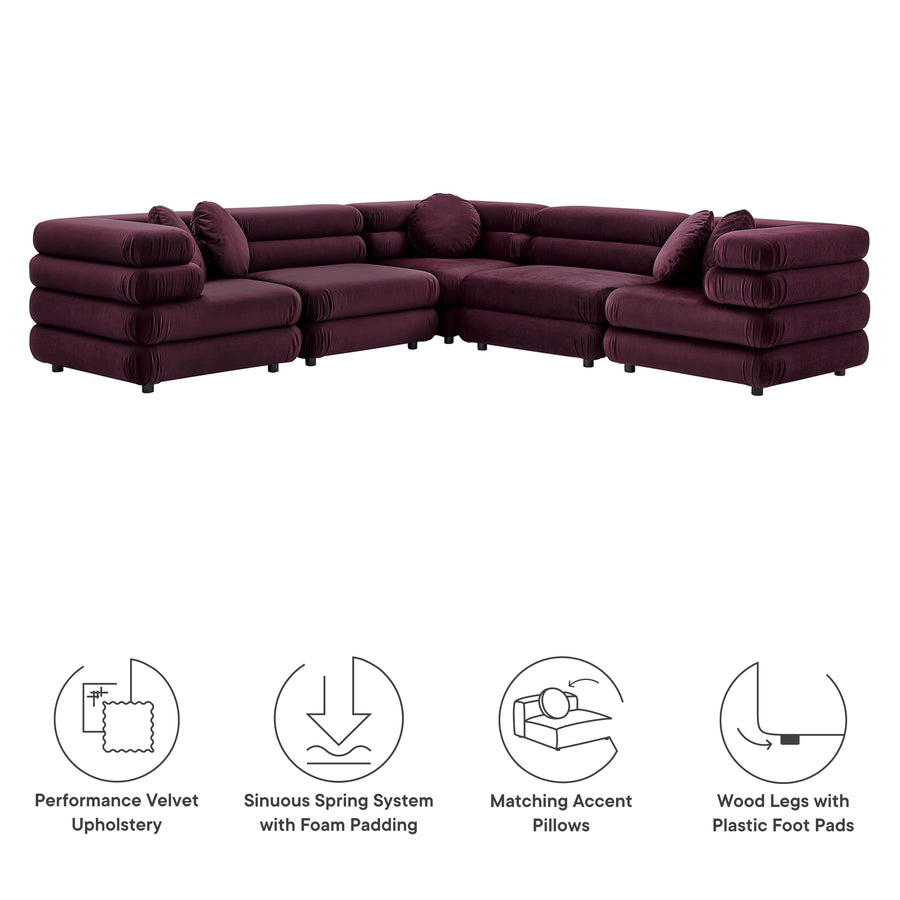 Beckett 5-Piece Modular Performance Velvet Sectional Sofa in Mulberry