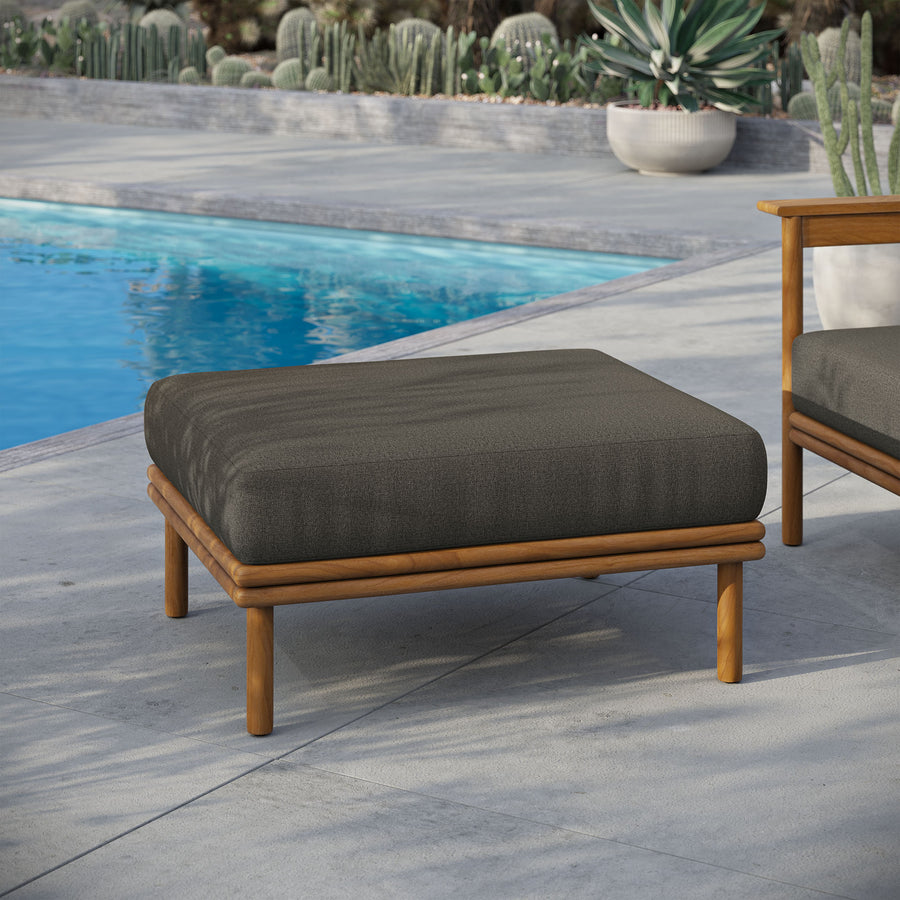 Basalt Outdoor Patio Teak Wood Ottoman in Natural Flint Gray