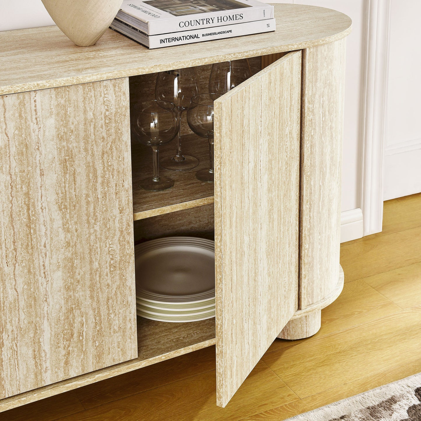 Overture 63" Oval Faux Travertine Sideboard by Furniture For America