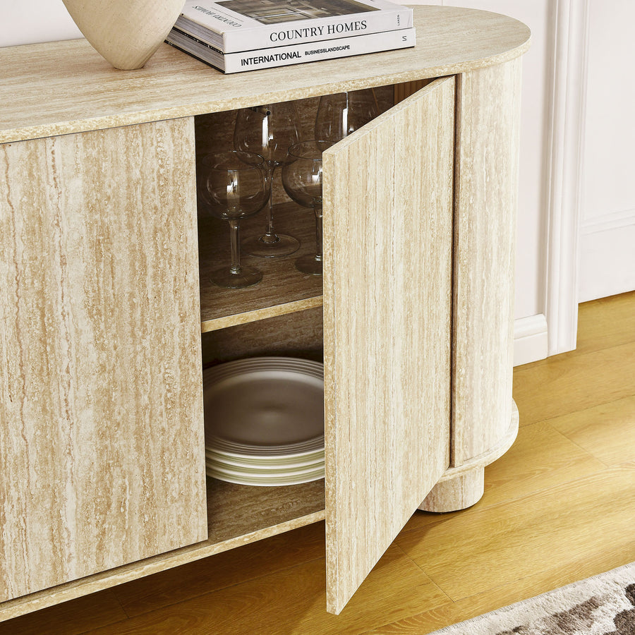 Vaughn 63" Oval Faux Travertine Sideboard in Travertine