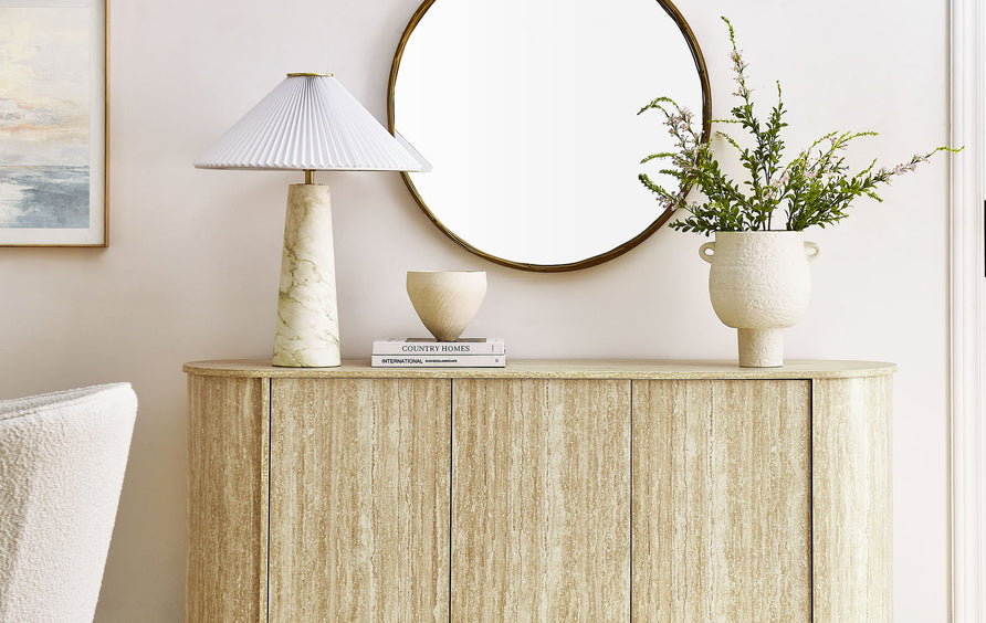 Vaughn 63" Oval Faux Travertine Sideboard in Travertine