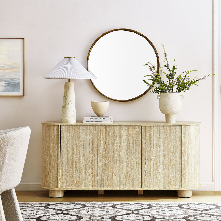 Vaughn 63" Oval Faux Travertine Sideboard in Travertine