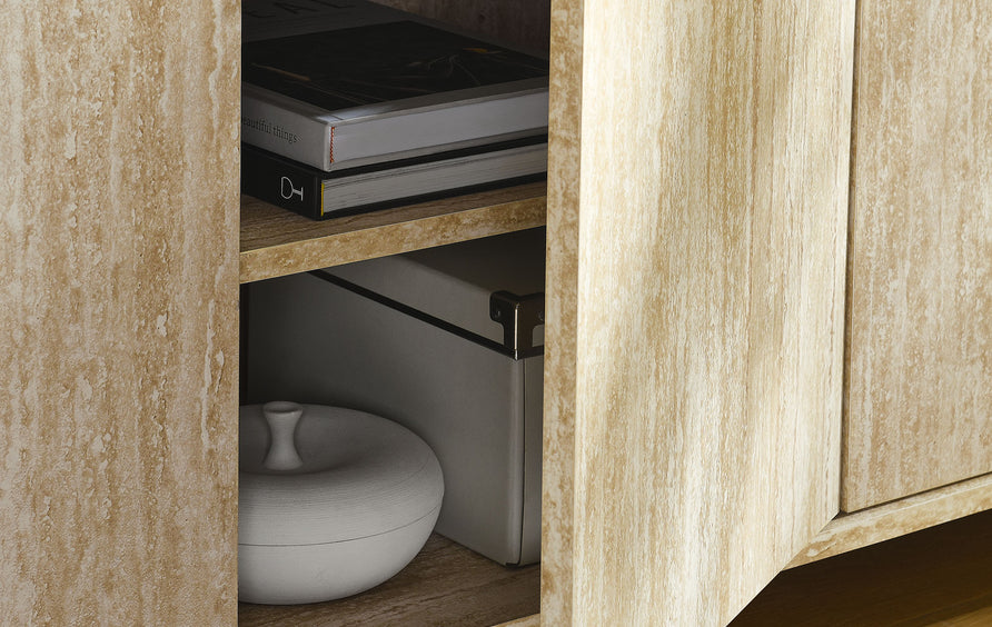 Vaughn 63" Oval Faux Travertine TV Stand in Travertine