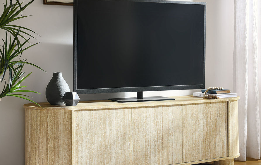 Vaughn 63" Oval Faux Travertine TV Stand in Travertine