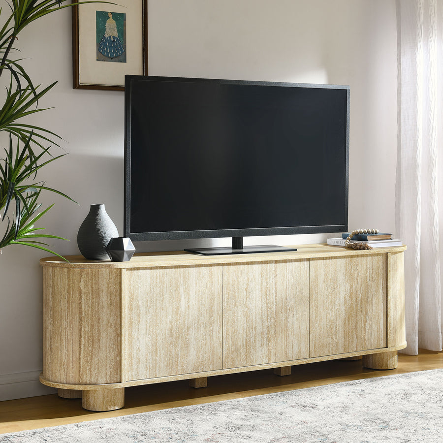 Vaughn 63" Oval Faux Travertine TV Stand in Travertine