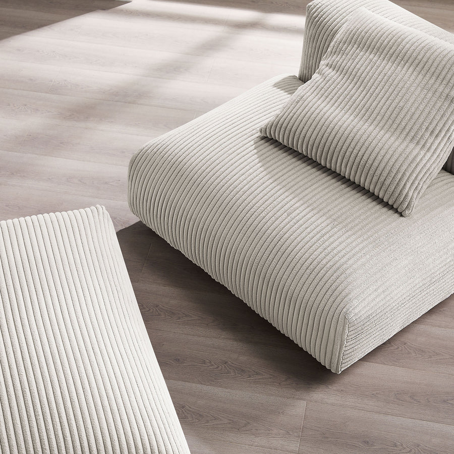 Reed Modular Corduroy Upholstered Armless Chair and Ottoman Set in Almond