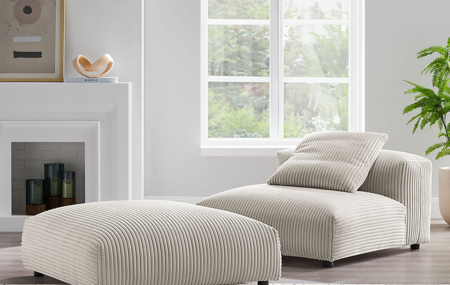 Reed Modular Corduroy Upholstered Armless Chair and Ottoman Set in Almond