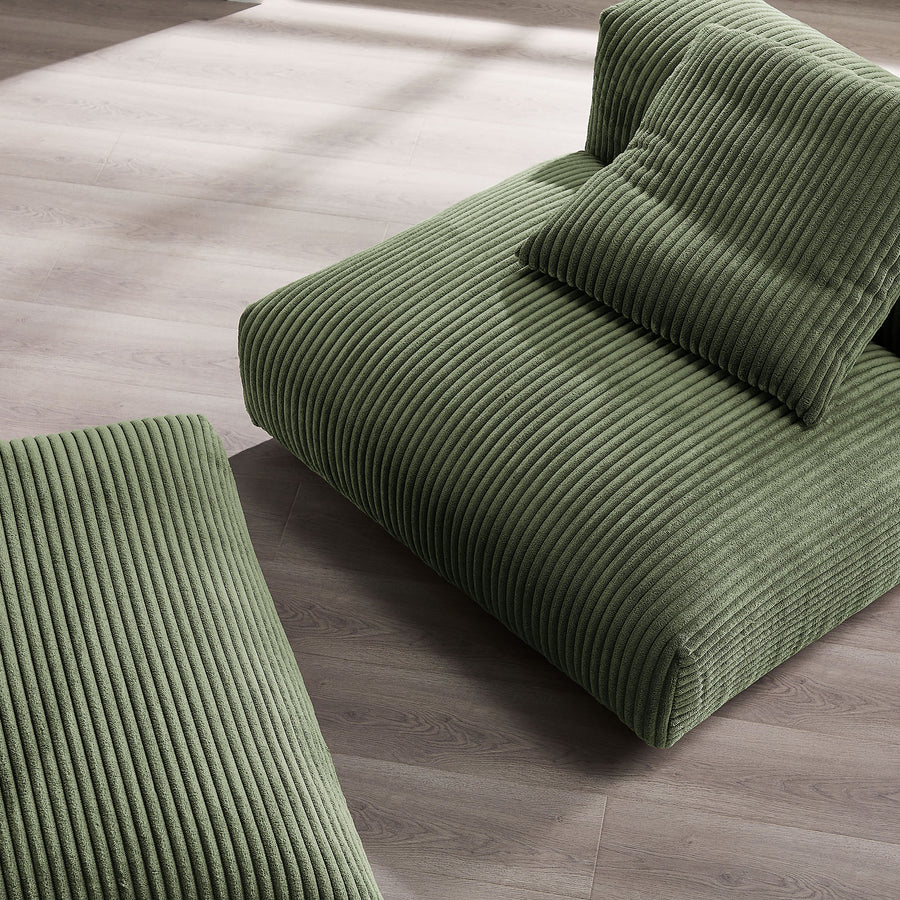 Reed Modular Corduroy Upholstered Armless Chair and Ottoman Set in Fern