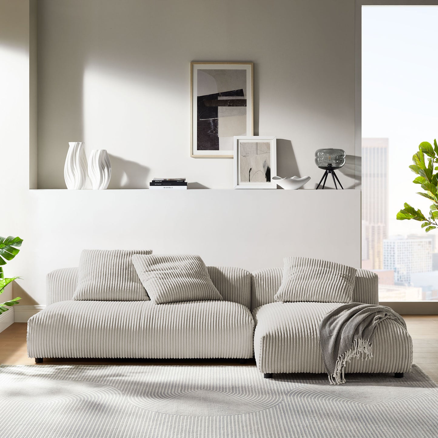 Solace 2-Piece Modular Corduroy Upholstered Sectional Sofa With Chaise by Furniture for America