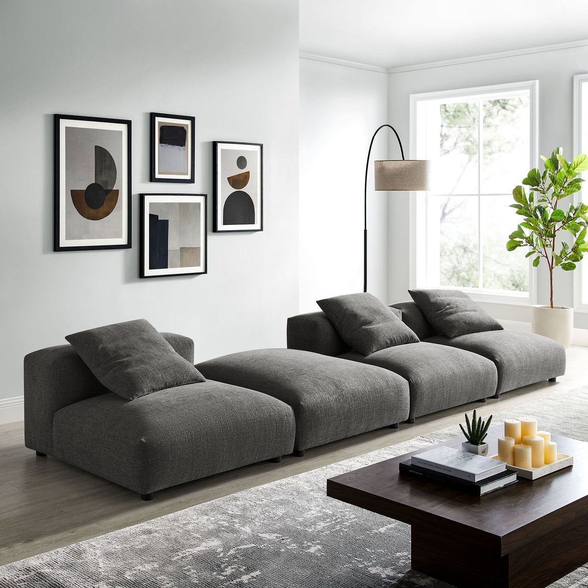Solace 4-Piece Modular Upholstered Fabric Sectional Sofa in Charcoal