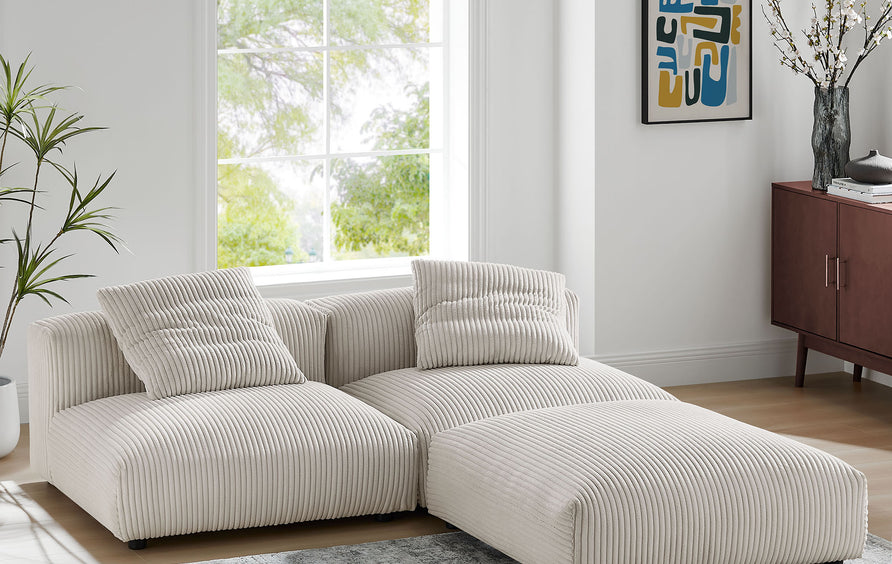 Reed 3-Piece Modular Corduroy Upholstered Sectional Sofa in Almond