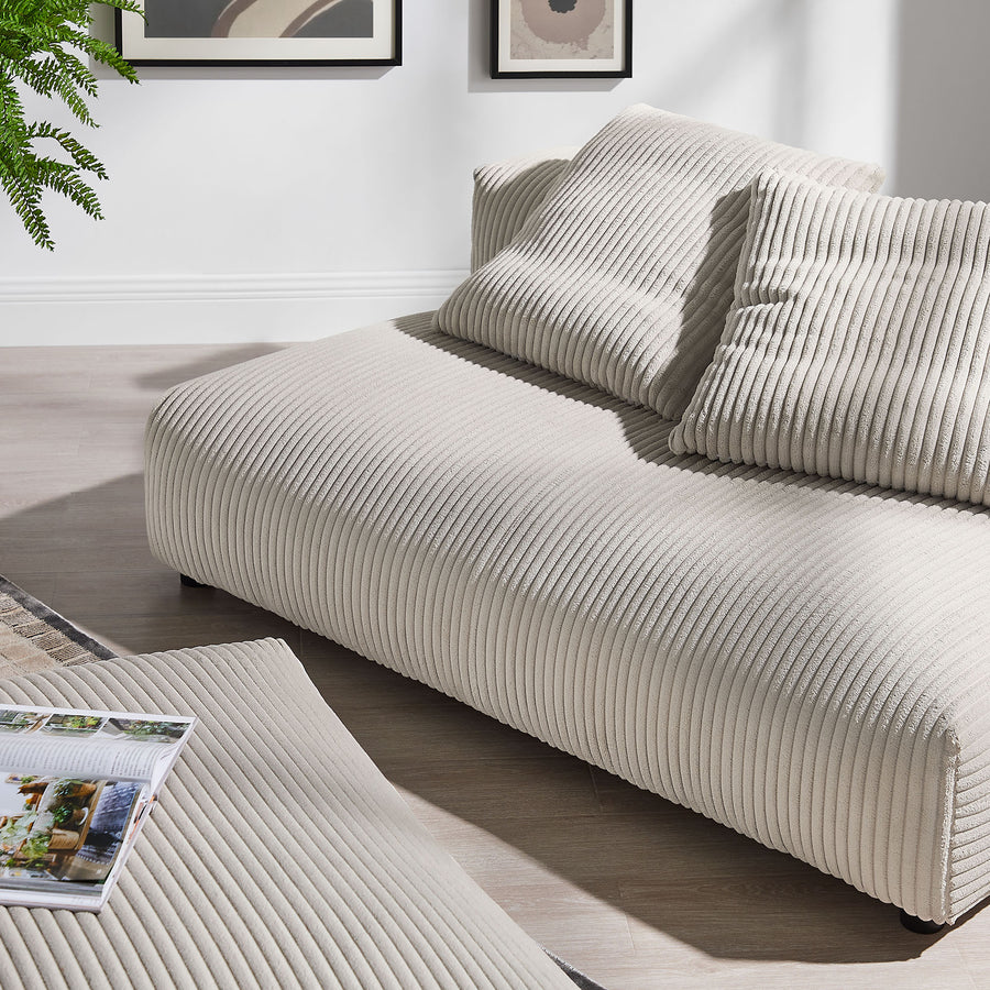Reed Modular Corduroy Upholstered Armless Loveseat and Ottoman Set in Almond