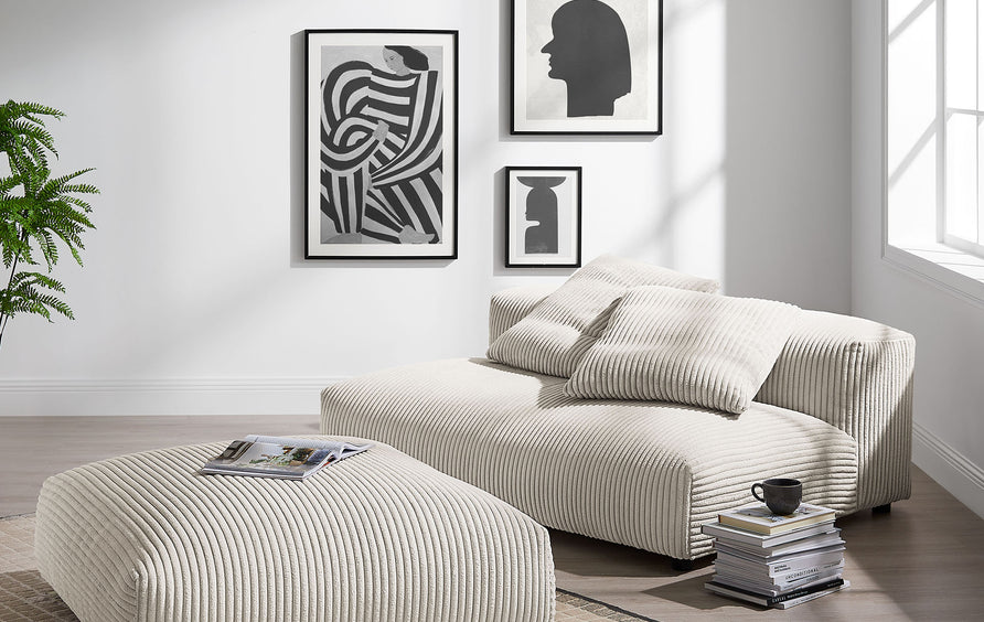 Reed Modular Corduroy Upholstered Armless Loveseat and Ottoman Set in Almond