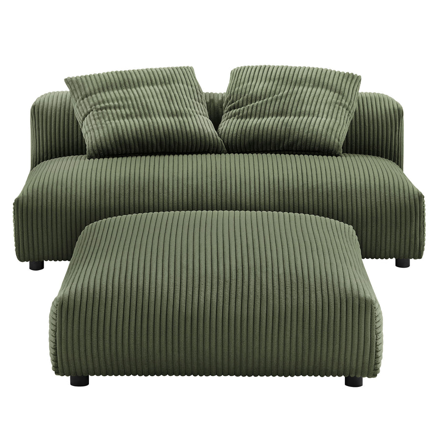Reed Modular Corduroy Upholstered Armless Loveseat and Ottoman Set in Fern
