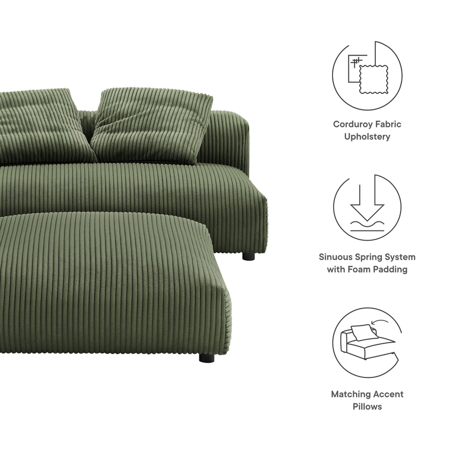 Reed Modular Corduroy Upholstered Armless Loveseat and Ottoman Set in Fern