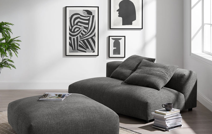 Reed Modular Upholstered Fabric Armless Loveseat and Ottoman Set in Charcoal