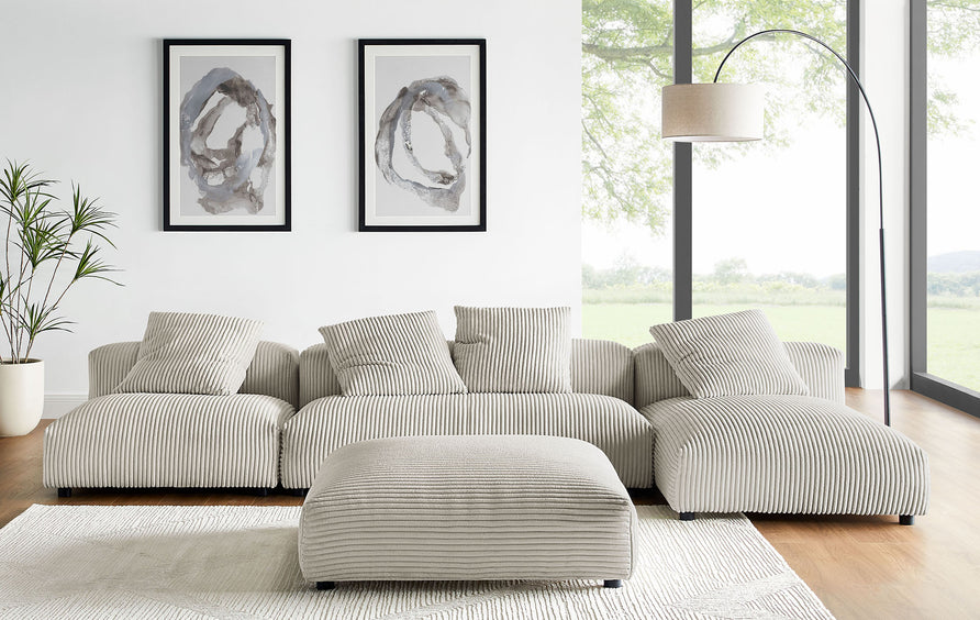 Reed 4-Piece Modular Corduroy Upholstered Sectional Sofa With Ottoman in Almond
