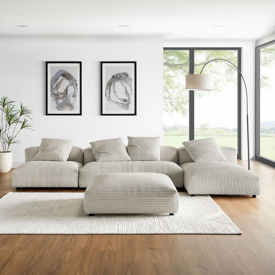 Reed 4-Piece Modular Corduroy Upholstered Sectional Sofa With Ottoman in Almond