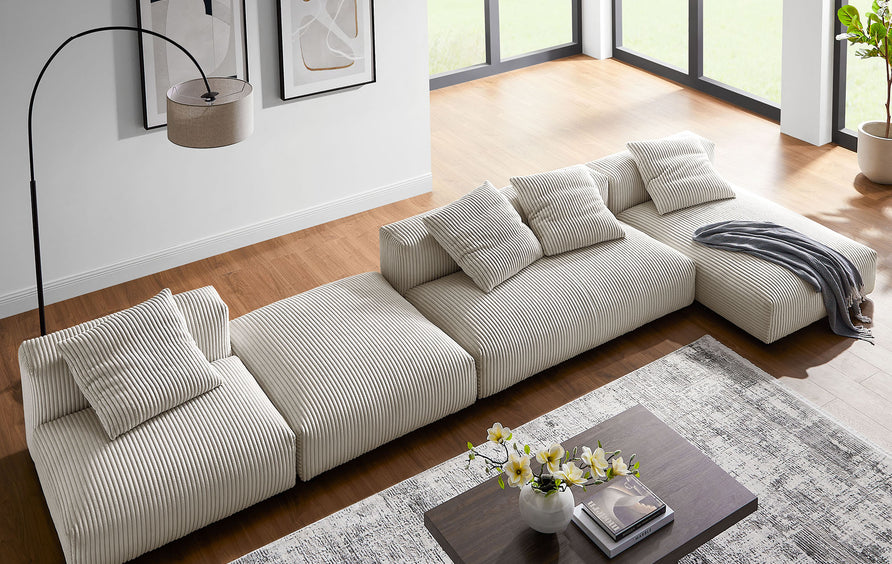Reed 4-Piece Modular Corduroy Upholstered Sectional Sofa With Ottoman in Almond