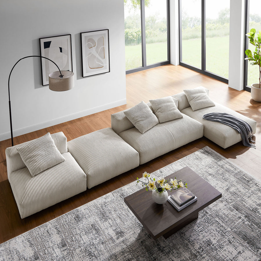 Reed 4-Piece Modular Corduroy Upholstered Sectional Sofa With Ottoman in Almond