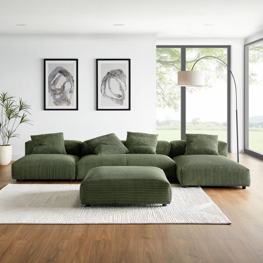 Reed 4-Piece Modular Corduroy Upholstered Sectional Sofa With Ottoman in Fern