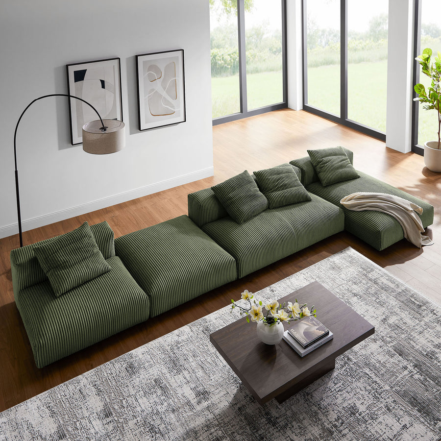 Reed 4-Piece Modular Corduroy Upholstered Sectional Sofa With Ottoman in Fern