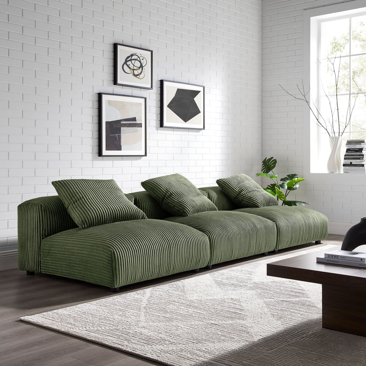 Reed 3-Piece Modular Corduroy Upholstered Sofa in Fern