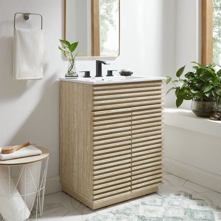 Render 24" Faux Travertine Bathroom Vanity With Sink in White