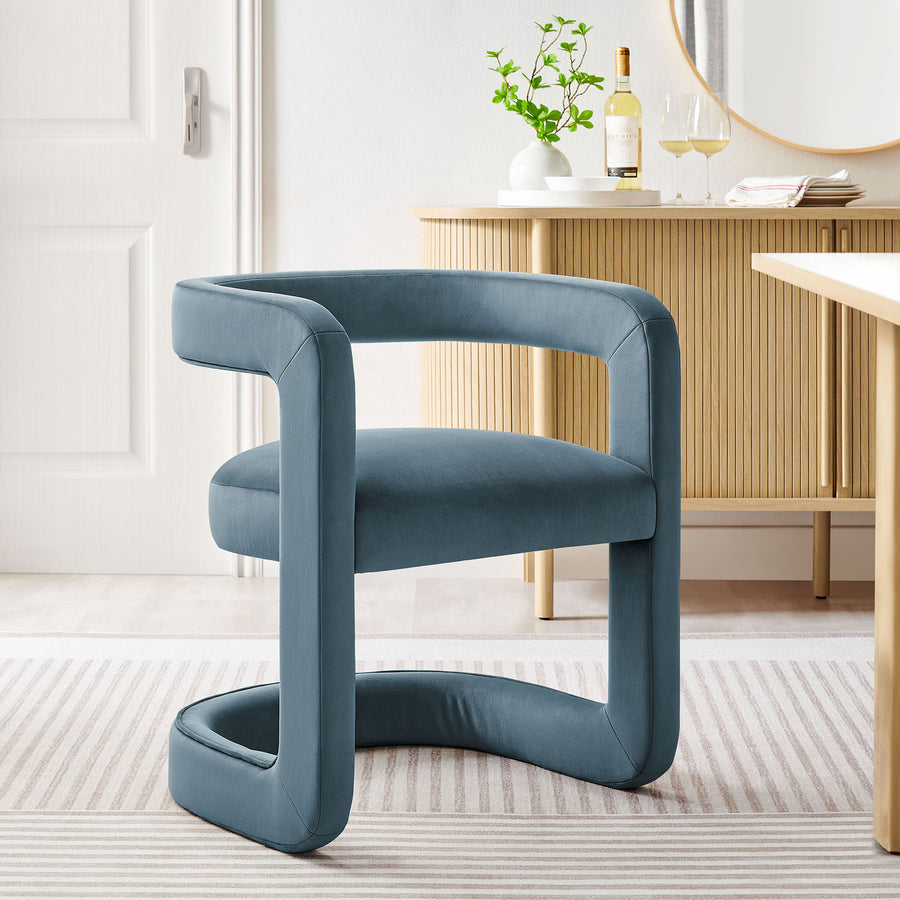 Sepia Barrel Performance Velvet Dining Chair in Cadet Blue