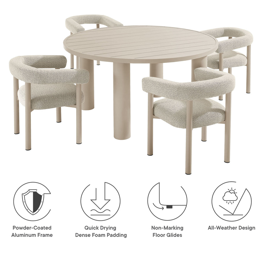 Atelier 5-Piece Round Outdoor Patio Aluminum Dining Table and Chairs Set in Ivory Taupe