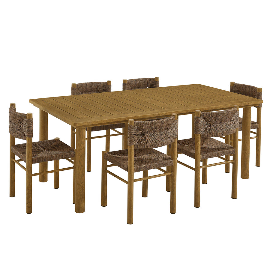 Loft 7-Piece Rectangular Outdoor Patio Rattan and Aluminum Dining Table and Chairs Set in Natural