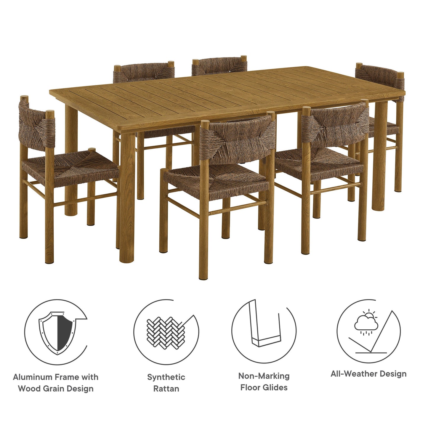 Parkland 7-Piece Rectangular Outdoor Patio Rattan and Aluminum Dining Table and Chairs Set by Furniture For America