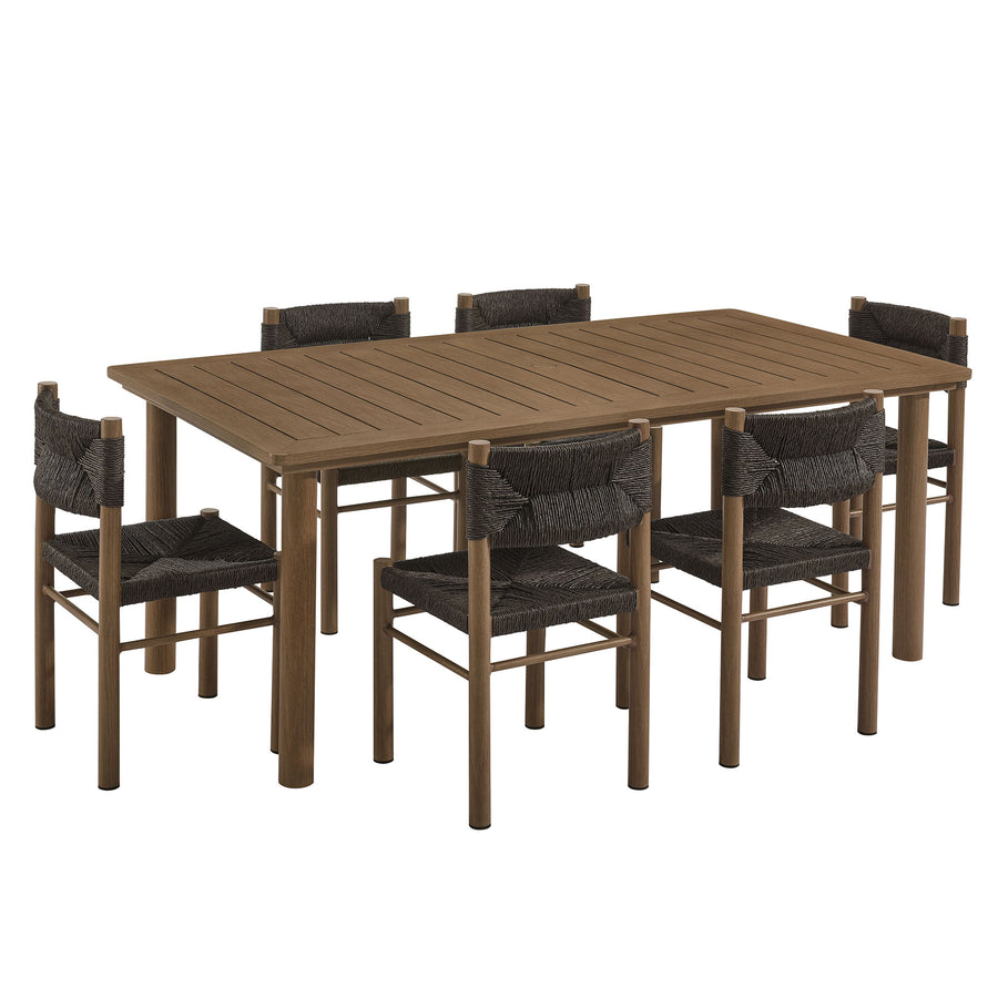 Loft 7-Piece Rectangular Outdoor Patio Rattan and Aluminum Dining Table and Chairs Set in Walnut