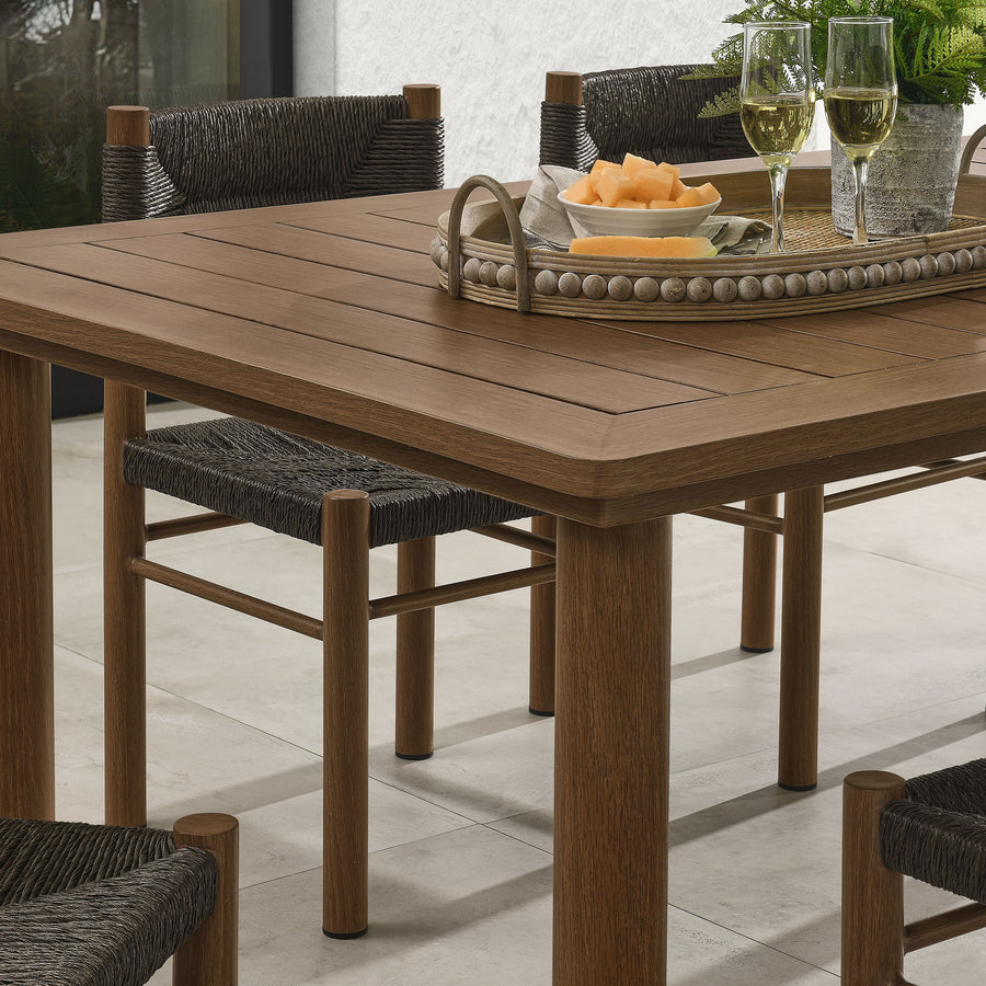 Loft 7-Piece Rectangular Outdoor Patio Rattan and Aluminum Dining Table and Chairs Set in Walnut