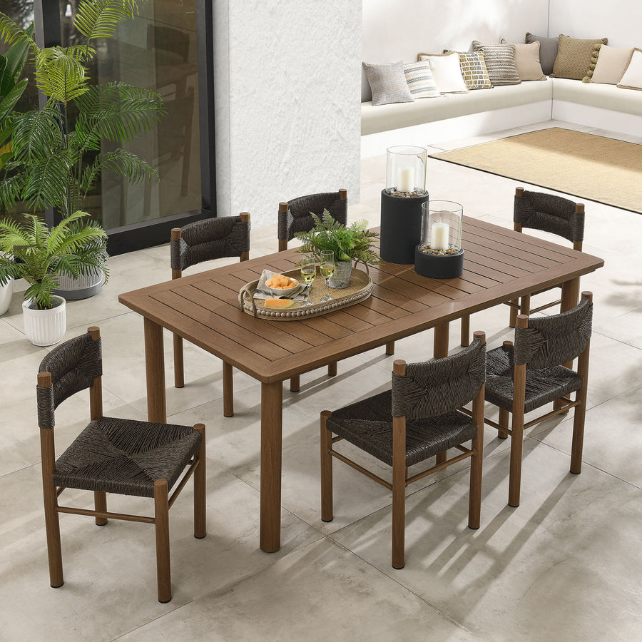 Loft 7-Piece Rectangular Outdoor Patio Rattan and Aluminum Dining Table and Chairs Set in Walnut