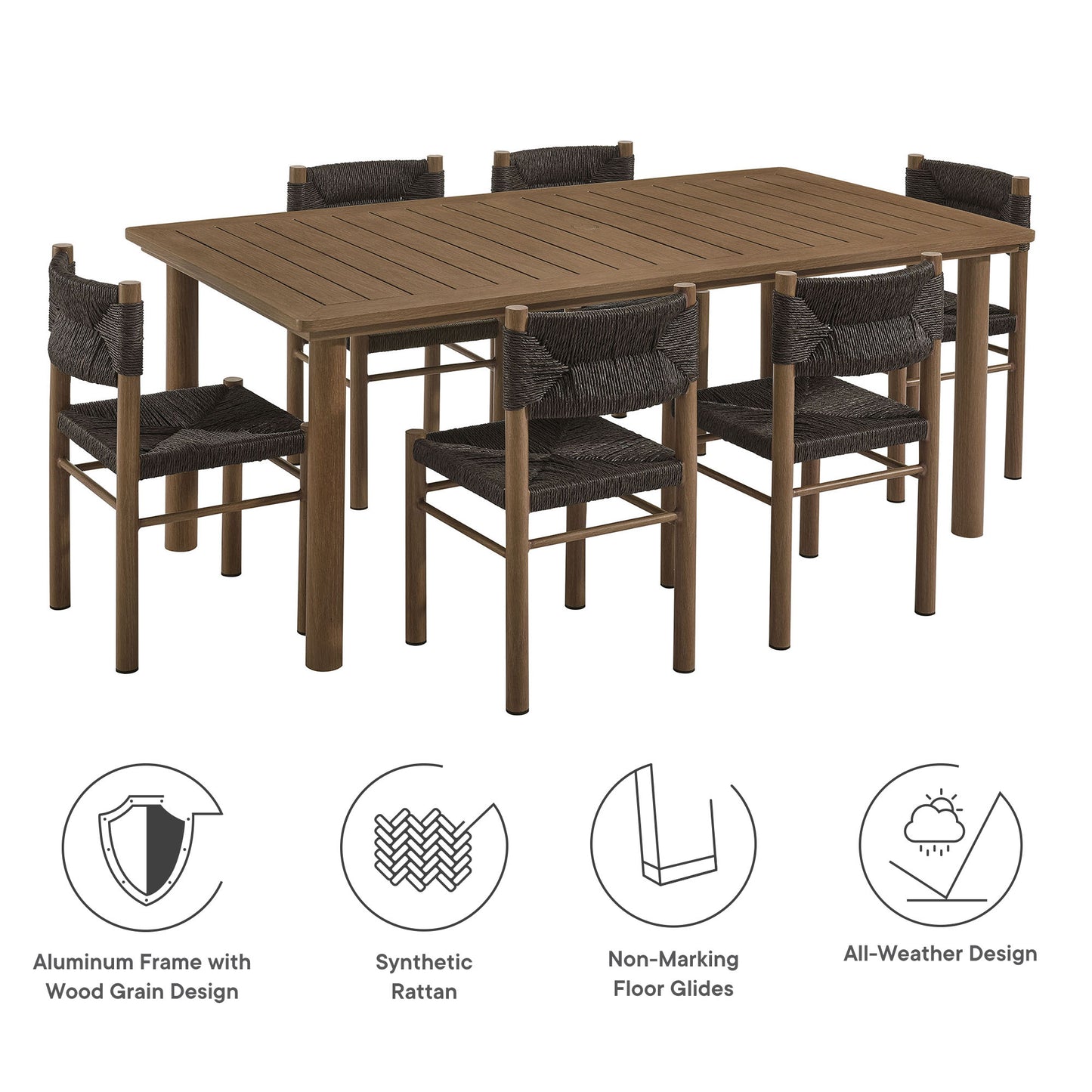 Parkland 7-Piece Rectangular Outdoor Patio Rattan and Aluminum Dining Table and Chairs Set by Furniture For America