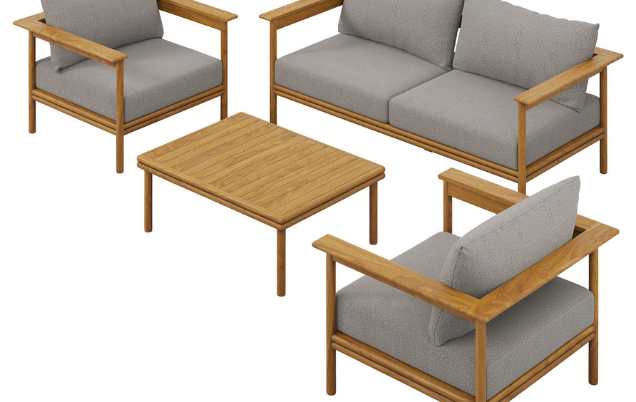 Basalt 4-Piece Outdoor Patio Teak Wood Furniture Set in Natural Driftwood