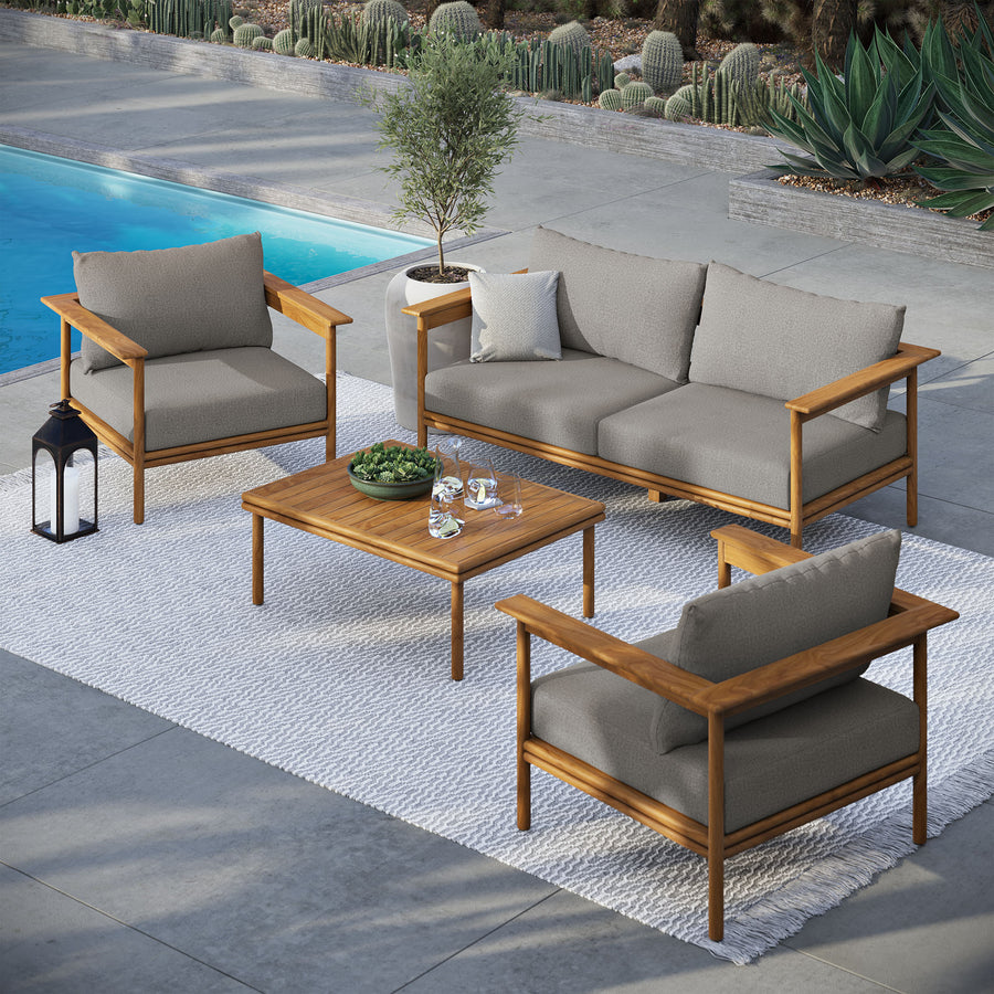 Basalt 4-Piece Outdoor Patio Teak Wood Furniture Set in Natural Driftwood