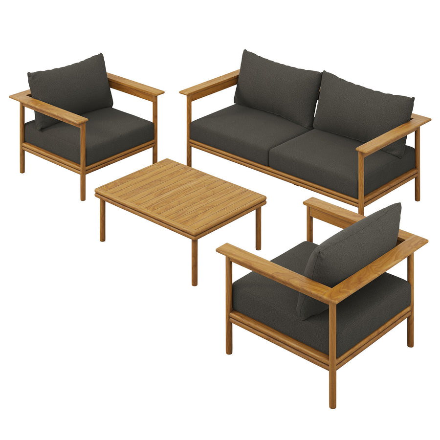 Basalt 4-Piece Outdoor Patio Teak Wood Furniture Set in Natural Flint Gray