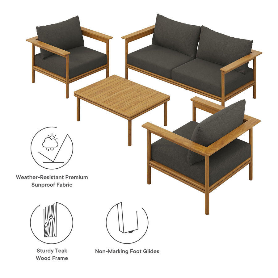 Basalt 4-Piece Outdoor Patio Teak Wood Furniture Set in Natural Flint Gray