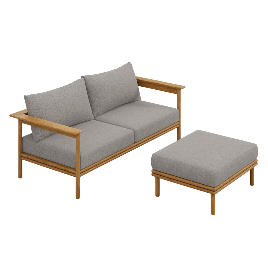 Basalt 2-Piece Outdoor Patio Teak Wood Sofa and Ottoman Set in Natural Driftwood