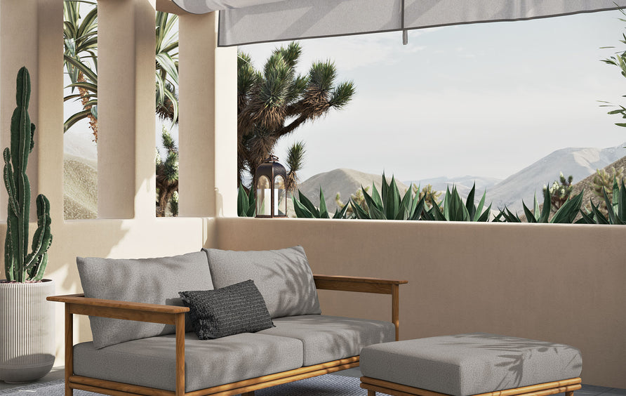Basalt 2-Piece Outdoor Patio Teak Wood Sofa and Ottoman Set in Natural Driftwood