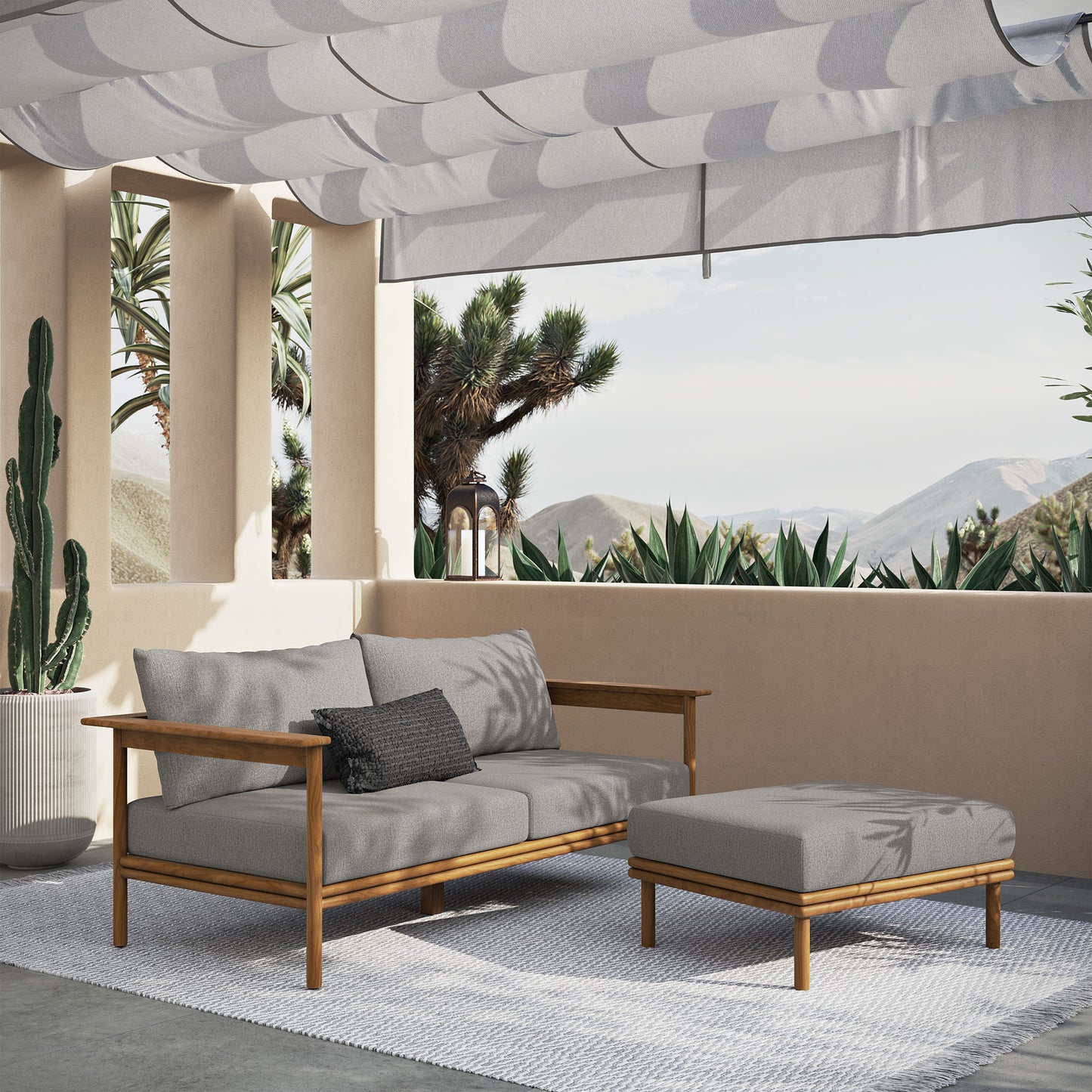 Wren 2-Piece Outdoor Patio Teak Wood Sofa and Ottoman Set by Furniture For America