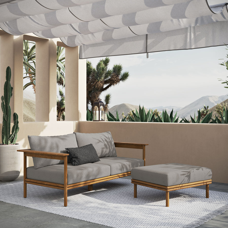 Basalt 2-Piece Outdoor Patio Teak Wood Sofa and Ottoman Set in Natural Driftwood